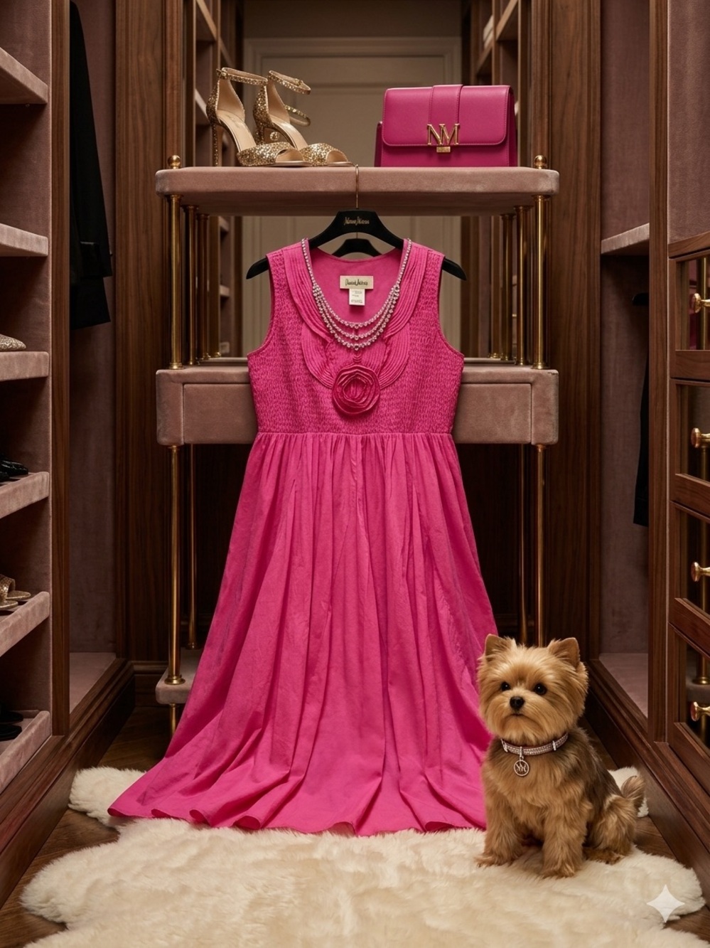 Neiman Marcus Rosette Hot Pink Maxi Flared Sundress SZ L Full flowy Skirt |Gorg